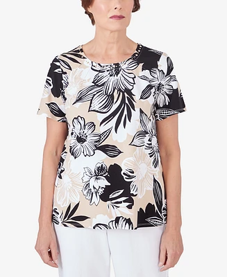Alfred Dunner Women's Pleated Neck Bold Floral Short Sleeve Tee