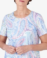 Alfred Dunner Women's Pleated Crew Neck Paisley Short Sleeve Tee