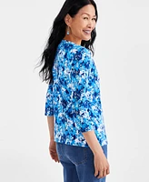 Style & Co Women's Printed 3/4-Sleeve Henley Tee, Created for Macy's