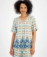 Jm Collection Women's Linen Blend Printed V-Neck Short-Sleeve Top, Created for Macy's