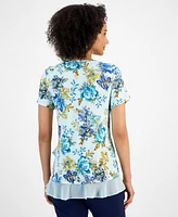 Jm Collection Petite Floral Printed Ruffled-Hem Top, Created for Macy's