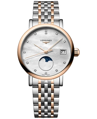 Longines Women's Swiss Elegant Moonphase Diamond (1/20 ct. t.w.) Two-Tone Stainless Steel Bracelet Watch 30mm