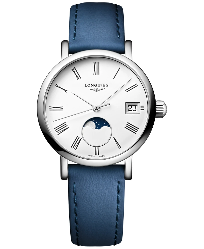 Longines Women's Swiss Elegant Moonphase Blue Leather Strap Watch 30mm