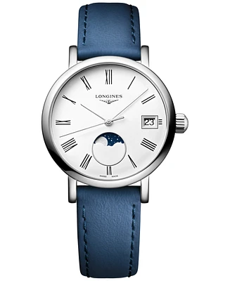 Longines Women's Swiss Elegant Moonphase Blue Leather Strap Watch 30mm