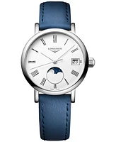 Longines Women's Swiss Elegant Moonphase Blue Leather Strap Watch 30mm