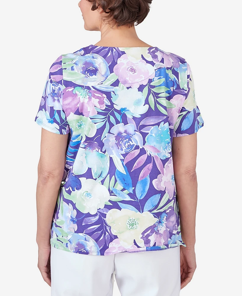 Alfred Dunner Petite Pleated Neck Floral Short Sleeve Tee