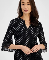 Kasper Women's Split-Neck Polka-Dot Flutter Sleeve Top