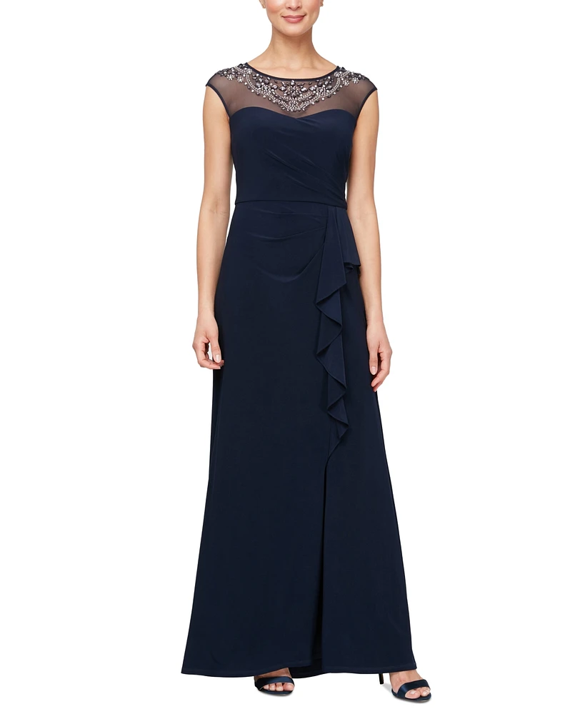 Alex Evenings Petite Beaded Illusion-Neck Cascade Gown