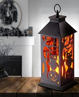 National Tree Company 12" Halloween Lantern with Led Lights, Carved Images of Owls, Pumpkins, Leafless Trees