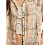 Lucky Brand Women's Plaid Cotton Short-Sleeve Beach Shirt