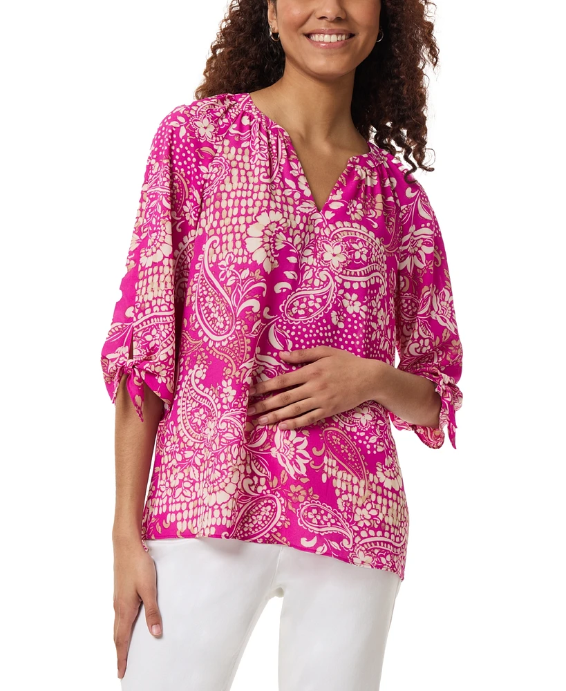 Jones New York Petite Printed V-Neck Tie-Sleeve Top