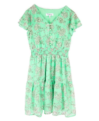 Emerald Sundae Big Girls Short Sleeve Lime Floral Chiffon Dress