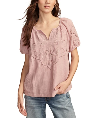 Lucky Brand Women's Short-Sleeve Cutwork Cotton Peasant Top