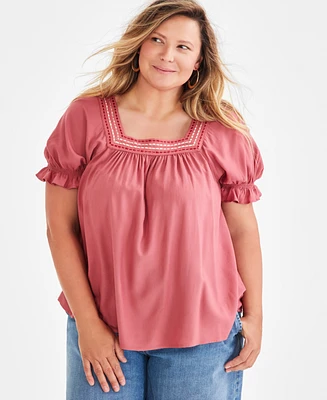 Style & Co Plus Puff-Sleeve Crochet-Trim Top, Created for Macy's