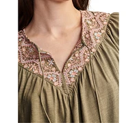 Lucky Brand Women's Embroidered Tie-Neck Peasant Top