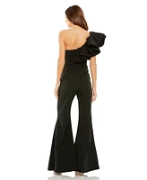 Mac Duggal Women's One Shoulder Ruffle Detail Flare Pant Jumpsuit