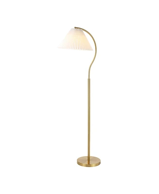 Jonathan Y Devon 60.5" Modern Glam Metal Arc Led Floor Lamp with Pleated Shade, Brass Gold/White