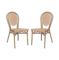 Emma+Oliver Colmar Set Of Two Indoor/Outdoor Stacking Thonet French Bistro Style Chairs With Pe Rattan Seat And Finished Metal Frame