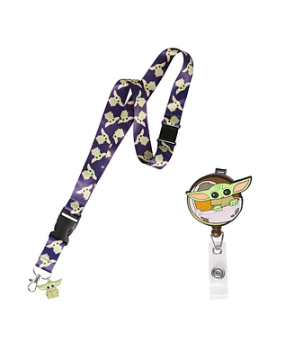 Starwars Disney Star Wars The Mandalorian Lanyard and Retractable Badge Reel Set, Grogu Print Lanyard with Matching Badge Reel Id, Key Holder