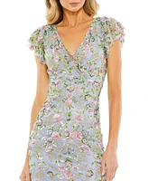 Mac Duggal Women's Floral Embellished Flutter Cap Sleeve Dress