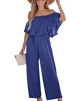 Cupshe Women's Blue Off-Shoulder Straight Leg Jumpsuit