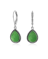 Bling Jewelry Boho Western Style Green Dyed Jade Semi Precious Pear Shaped Teardrop Lever Back Dangle Drop Earrings For Women Teen Oxidized .925 Sterl