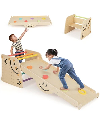 Costway Wooden Climbing Toy Triangle Climber Set of 2 with Seesaw Dual-sided Ramp Indoor