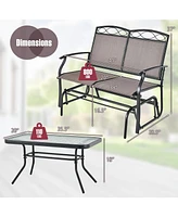 Sugift Outdoor Gliding Loveseat Chair with Tempered Glass Coffee Table