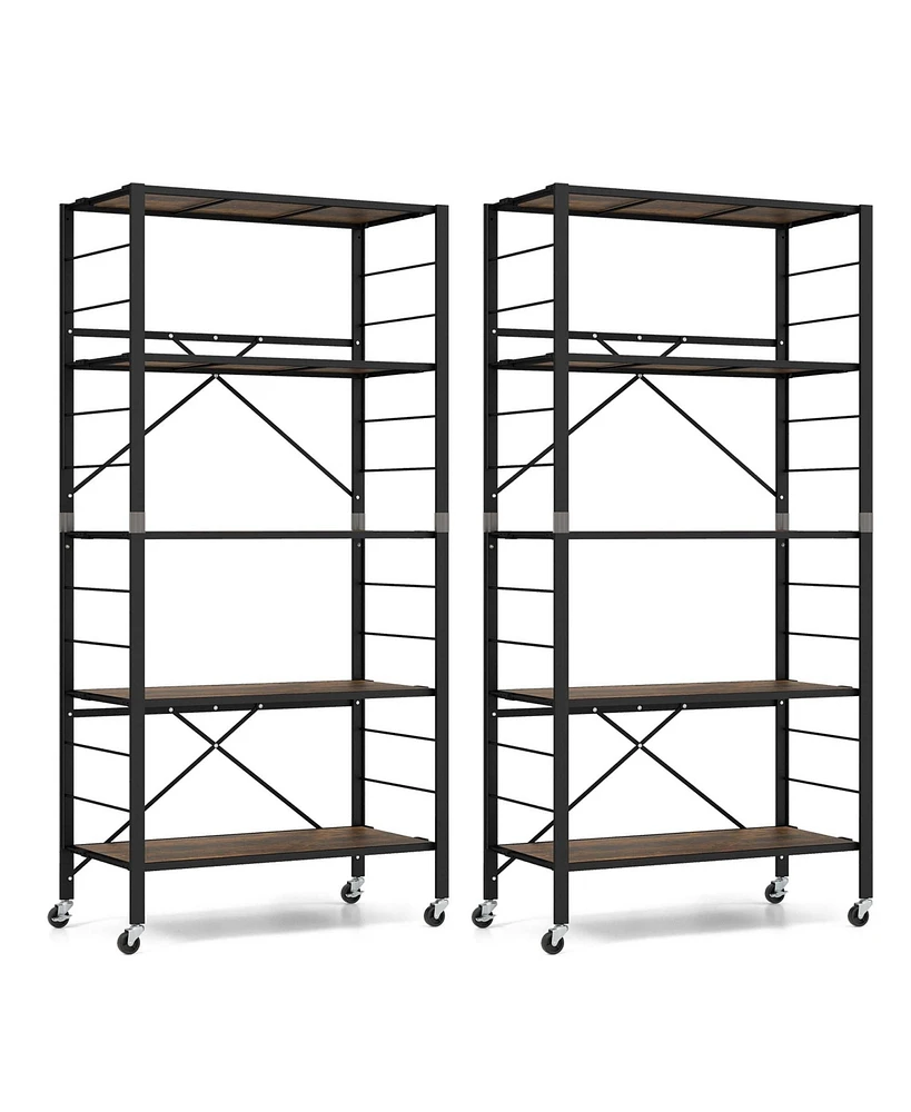 Costway 2 Pcs 5-Tier Folding Shelf Free Diy Design Shelving Unit with 4 Universal Wheels