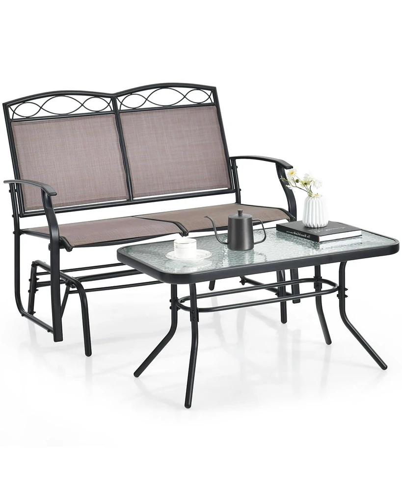 Sugift Outdoor Gliding Loveseat Chair with Tempered Glass Coffee Table