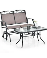 Sugift Outdoor Gliding Loveseat Chair with Tempered Glass Coffee Table