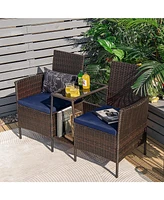 Sugift Rattan Patio Conversation Set Cushioned with Glass Table