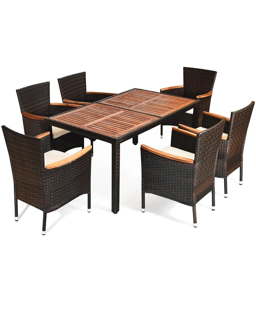 Gymax 7pcs Patio Rattan Dining Set 6 Stackable Cushioned Chairs Patio