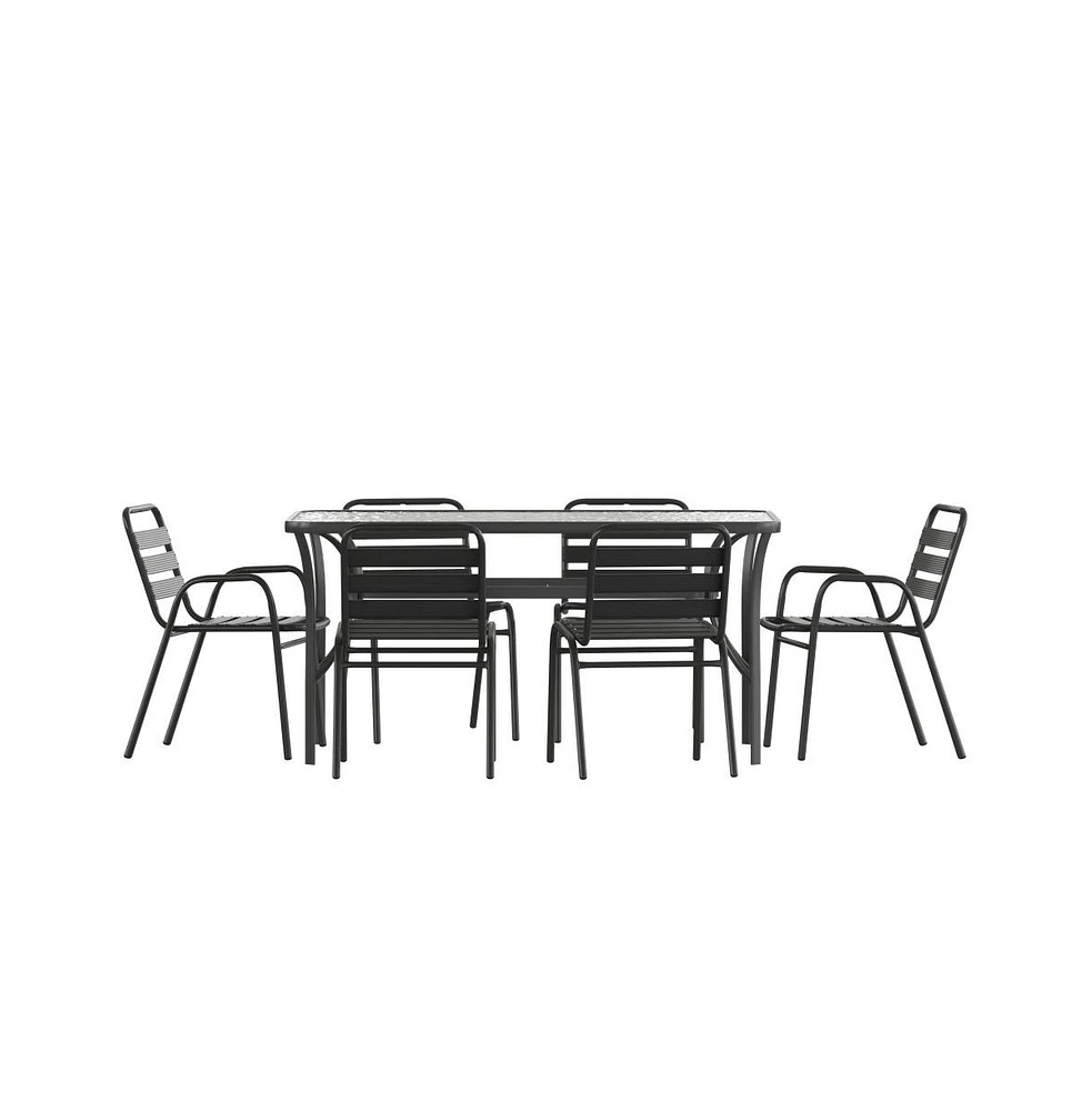 Merrick Lane Laney 7 Piece Outdoor Dining Set With Tempered Glass Patio Table, 4 Stackable Metal Slat Chairs, 2 Stackable Metal Slat Armchairs