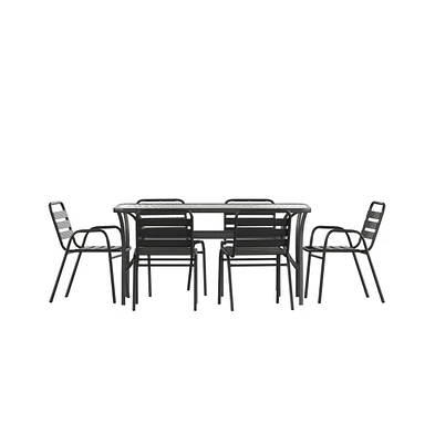 Merrick Lane Laney 7 Piece Outdoor Dining Set With Tempered Glass Patio Table, 4 Stackable Metal Slat Chairs, 2 Stackable Metal Slat Armchairs