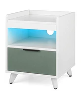 Sugift Modern Nightstand with Led Lights Sliding Drawer and Open Compartment