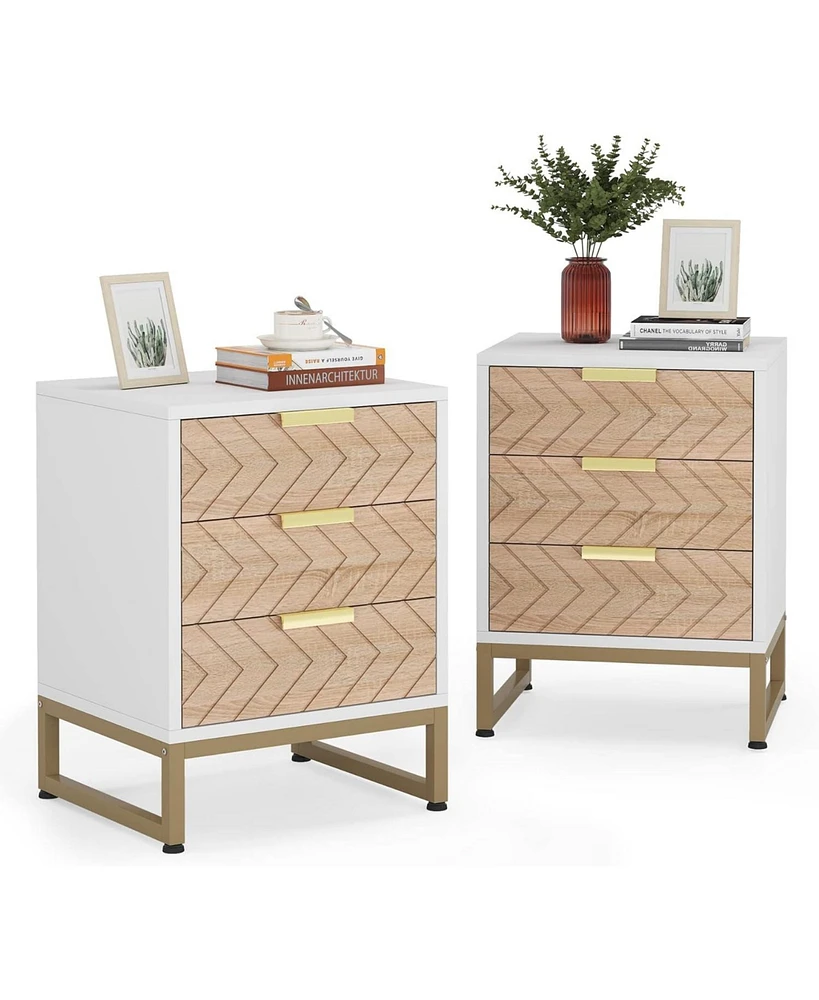 Tribesigns Nightstand Set of 2, White Gold Bedside Tables with 3 Drawers, for Bedroom Living Room