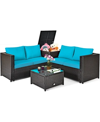 Gymax 4PCS Cushioned Rattan Patio Conversation Set w/ Side Table Turquoise Cushion
