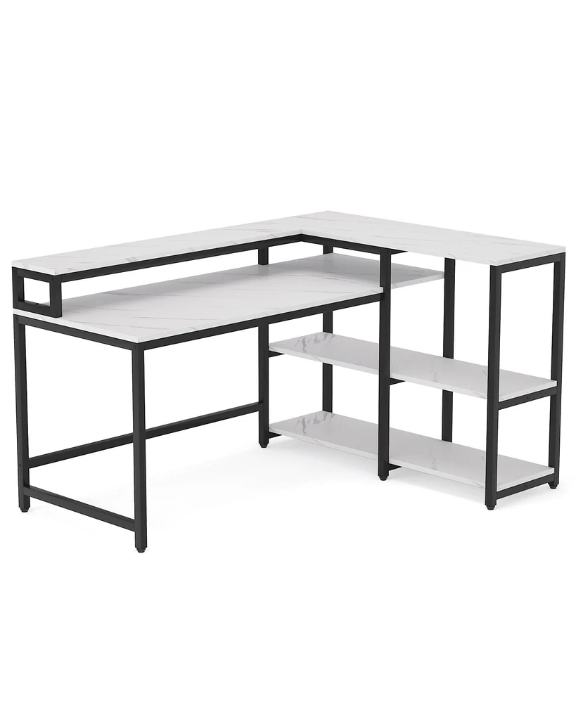 Tribesigns 55 Inch Reversible L Shaped Computer Desk with Storage Shelf, Modern White Corner Desk with Shelves and Monitor Stand, Study Writing Table