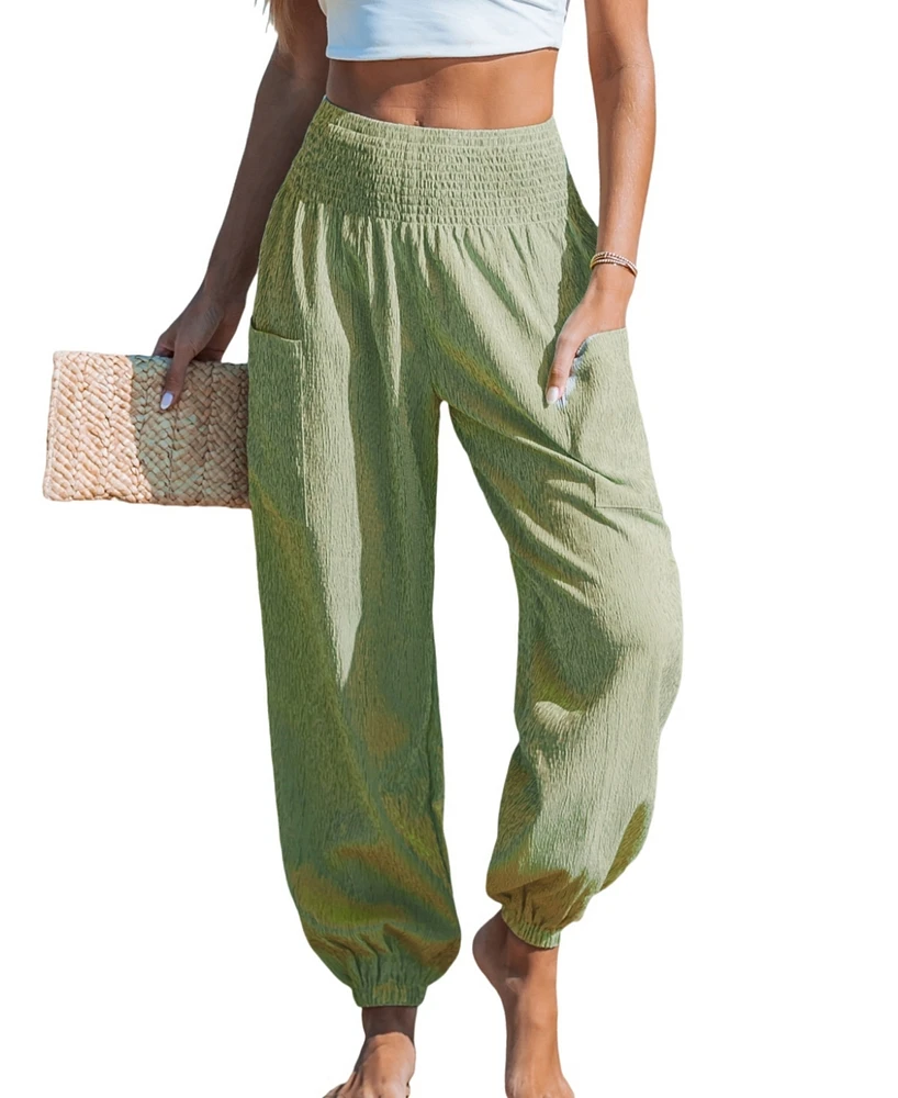 Cupshe Women's Green Striped Smocked Waist Patch Pocket Pants