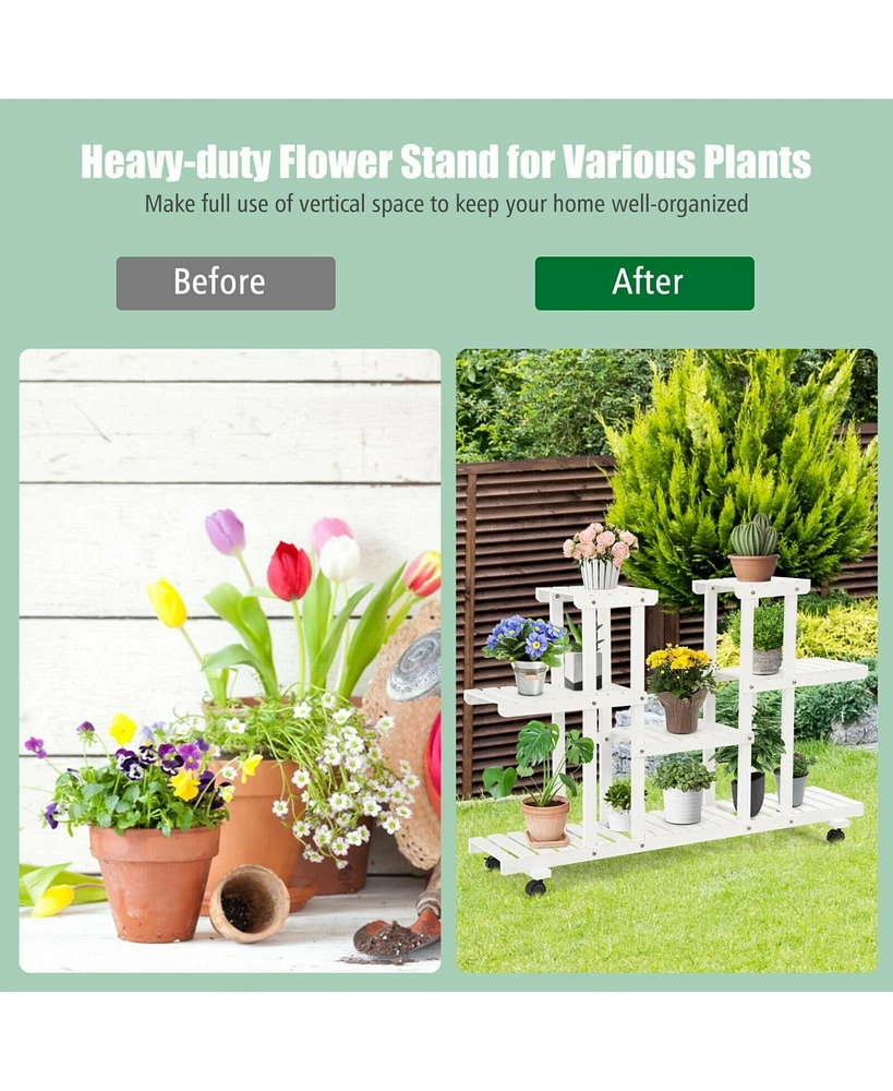 Sugift 4-Tier Wood Casters Rolling Shelf Plant Stand