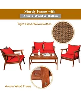 Sugift 4 Pieces Acacia Wood Patio Rattan Furniture Set with Cushions