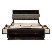 Wood Queen Platform Bed With Storage Headboard, Shoe Rack And 4 Drawers