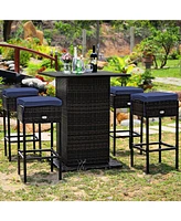 Sugift 5 Pieces Patio Rattan Cushioned Bar Furniture Set with Hidden Storage Shelf