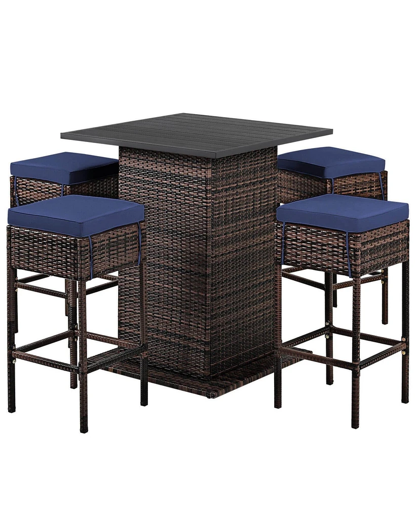 Sugift 5 Pieces Patio Rattan Cushioned Bar Furniture Set with Hidden Storage Shelf