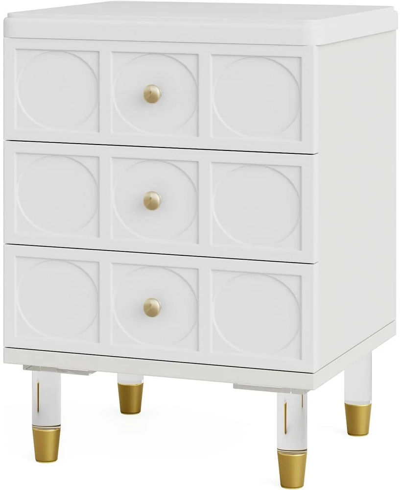 Tribesigns 3-Drawer Nightstand Tall White and Gold Bedside Table with Drawers, Versatile Modern White Night Stand with Storage for Bedroom, Living Roo