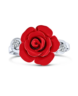 Bling Jewelry Cz Accent Flower Fashion Red carved Rose Statement Ring For Women Teen .925 Sterling Silver