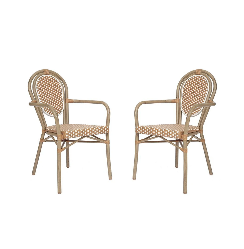 Merrick Lane Celia Set Of Two Stacking Thonet French Bistro Style Chair With Arms, Pe Rattan Seat, And Metal Frame For Indoor/Outdoor Use