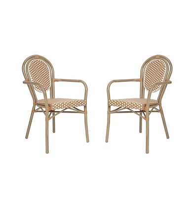 Merrick Lane Celia Set Of Two Stacking Thonet French Bistro Style Chair With Arms, Pe Rattan Seat, And Metal Frame For Indoor/Outdoor Use