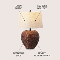 Jonathan Y Alaro 24.5" Farmhouse Coastal Water Hyacinth Basket Led Table Lamp, Dark Brown